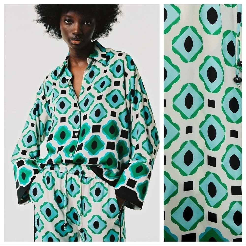 NWOT. Zara White/Green Geometric Print Flowy High-Waisted Pants. Size S. - Picture 2 of 7
